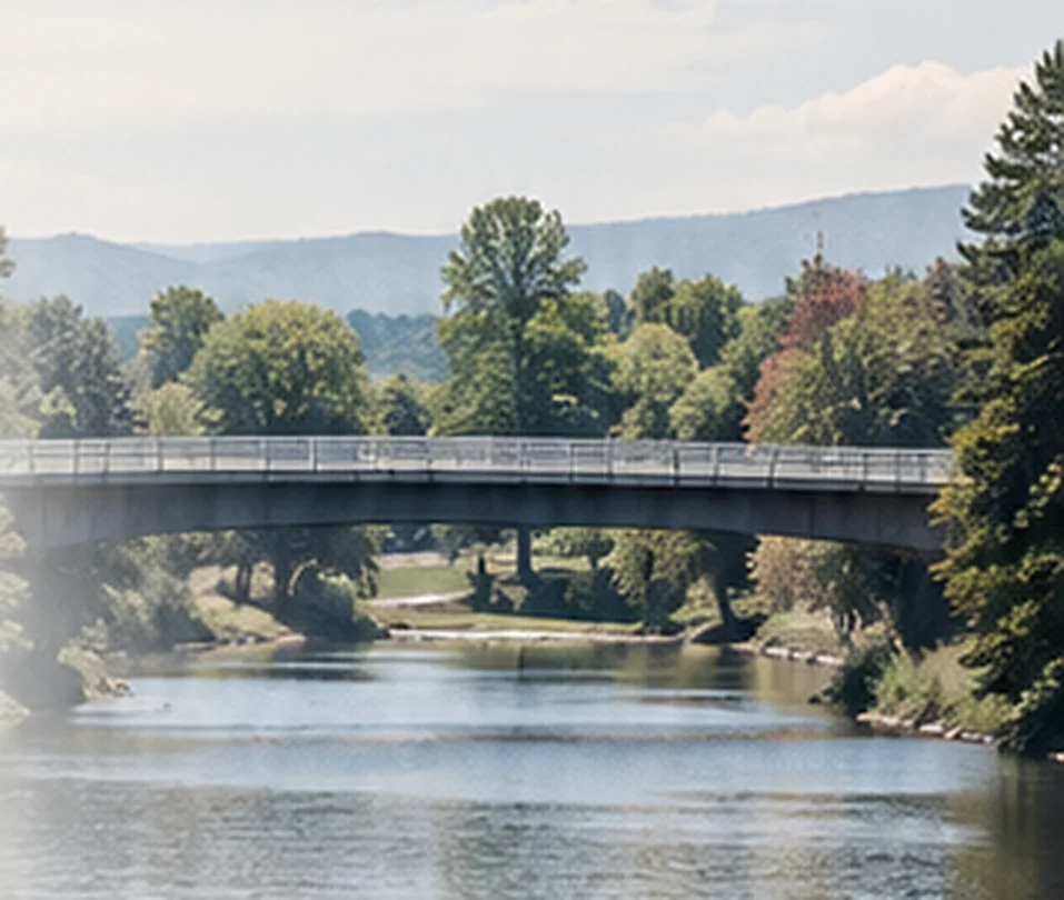 Illustrative riverside landscape with trees, a bridge, and soft morning light